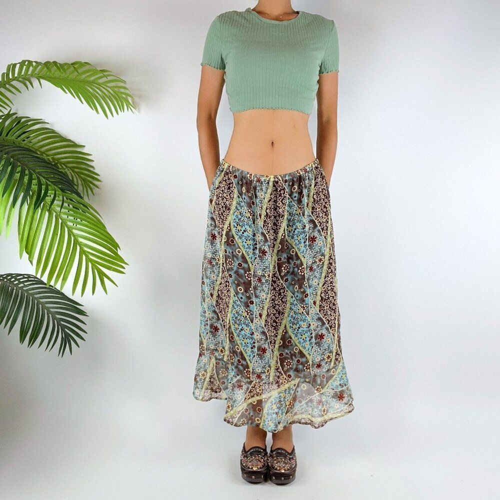 Vintage Y2K Brown Floral Boho Fairycore Low Rise Beachy Midi Skirt / Size: L